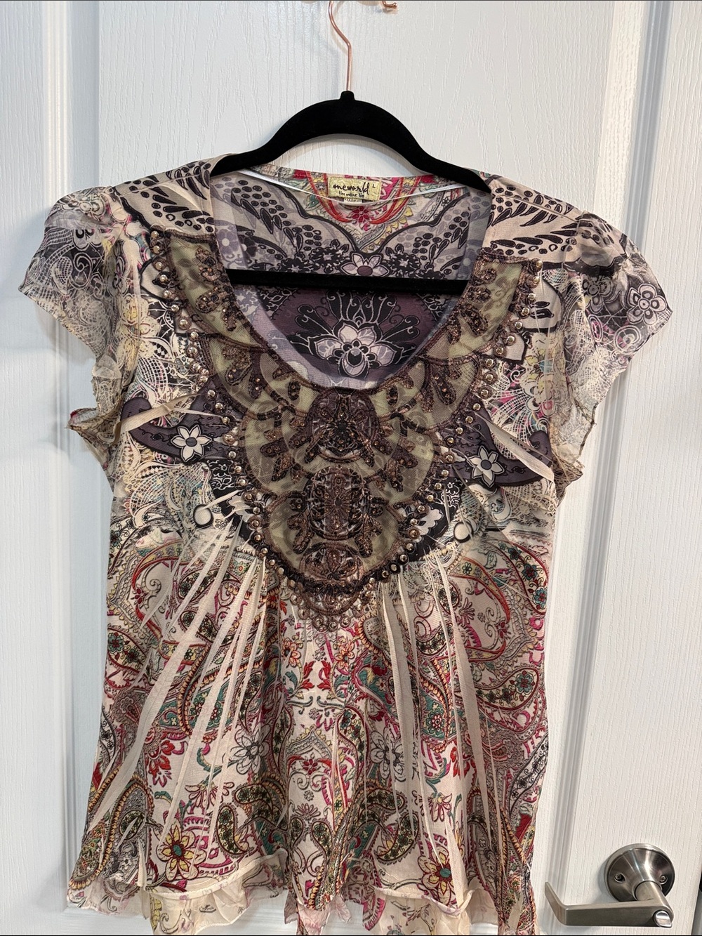 ONE WORLD Cream Paisley Beaded Flutter Sleeve Top